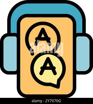 Smartphone with headphones listening to an audiobook, represented by two chat bubbles with letters on the screen Stock Vector