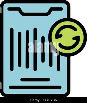 Simple outline color icon of a smartphone with a barcode and a refresh symbol, representing the concept of rescanning Stock Vector