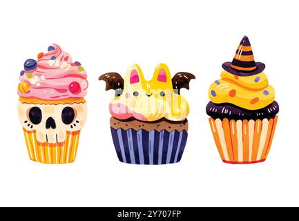 Watercolor Halloween cupcakes set. spooky decorated muffins. Halloween food for holiday designs Stock Vector