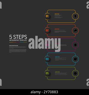 Vector dark Infographic template with gray rounded cards colorful border and big numbers in circle elements, icons and descriptions. Simple minimalist Stock Vector