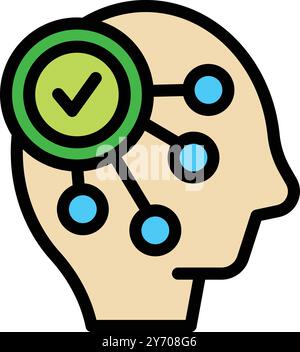 Human head profile showing neural network with check mark icon, representing concept of successful artificial intelligence Stock Vector