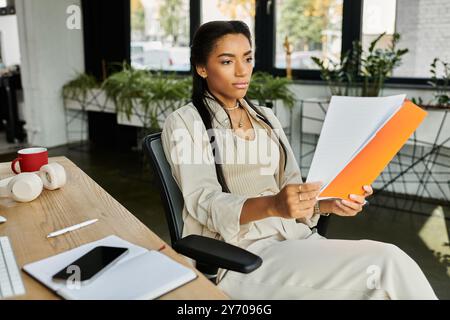 In a bright office, a young woman thoughtfully examines important documents in hand. Stock Photo