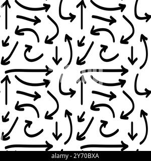Hand drawn black arrows pointing in different directions seamless pattern on white background Stock Vector