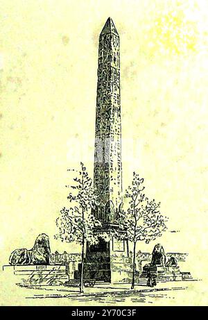 A 19th century illustration showing  Cleopatra's Needle in London, UK. It is one of two separated pair of ancient Egyptian obelisks, the other being  now in   New York City. The obelisks came from Heliopolis (modern Cairo) - Stock Photo