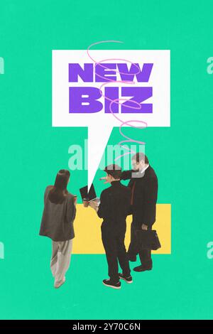 Colleagues discussing ideas around giant speech bubble displaying New Biz, representing brainstorming and communication in startup phase. Contemporary Stock Photo