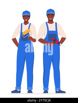 Repairman or mechanic black man and woman painter. Collection of professional repair tools. Man and woman characters in uniform. Vector illustration Stock Vector
