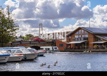 Riverside bar by bridge over River Bure in Norfolk Broads National Park. Wroxham, Norfolk, East Anglia, England, UK, Britain Stock Photo