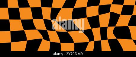 Halloween checkered pattern. Psychedelic Checkerboard. Groovy orange background. Hippie backdrop. Y2k aesthetic. Retro vector illustration. Postcard Stock Vector