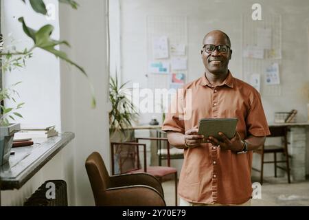 Portrait of smiling African American businessman posing for portrait and holding tablet in hands Stock Photo