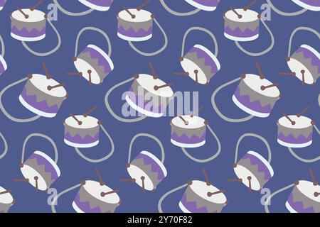 Drum flat Seamless pattern. Cartoon Color Musical background with Kids Drums and Sticks. Music Festival Background, Percussive instruments. Template f Stock Vector