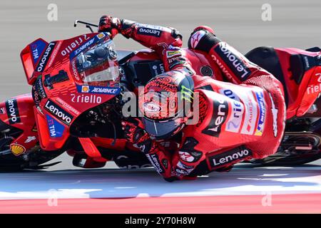 Lombok, Indonesia. 27th Sep, 2024. Francesco Bagnaia of Ducati Lenovo Team competes during the Practice of MotoGP at Pertamina Mandalika Grand Prix of Indonesia 2024 in Lombok Island, Indonesia, on Sept. 27, 2024. Credit: Veri Sanovri/Xinhua/Alamy Live News Stock Photo