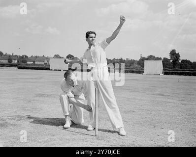 INDIAN FAST BOWLER MAY BE ONE OF THE WORLD'S BEST .   Seen in action at the cricket school in London is D.G . PHADKAR , young Indian test cricketer who in the opinion of Alf Gover, Surrey and England fast bowler - is likely to become one of the worlds leading fast bowlers.  A native of Bombay,Phadkar was sent to England by air by the Indian cricket board of control for two months coaching by Gover . He has already represented India in eight tests- four against Australia and four against the West Indies .  An employee of Air India, he has been given special  leave for the coaching .    June 30 Stock Photo