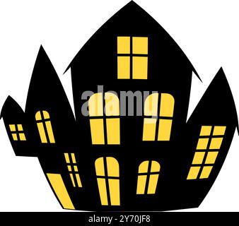 A spooky silhouette of a haunted house with yellow glowing windows. Ghostly house on All Hallows Eve for Halloween design. Perfect for use in party in Stock Vector