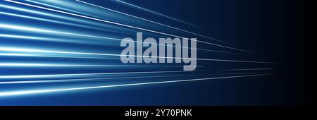 Motion luminous linear trails horizontal banner. High speed bright blue glowing rays. Abstract long time exposure motion blur dynamic effect. Fast zoom light flash stripes. Perspective movement. Eps Stock Vector