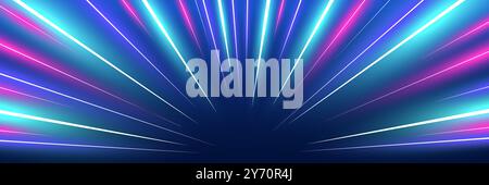 Motion luminous linear trails horizontal banner. High speed neon glowing rays. Abstract cosmic warp long time exposure motion blur dynamic effect. Perspective view fast zoom light flash stripes. Eps Stock Vector