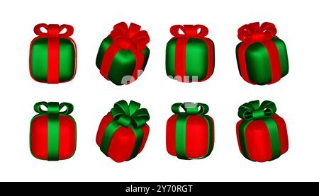 3d gift boxes set with ribbon bow isolated on a white background. 3d render flying modern holiday closed surprise box. Realistic vector icon for Stock Vector