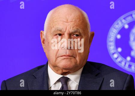 Roma, Italia. 27th Sep, 2024. Il ministro della Giustizia Carlo Nordio a Palazzo Chigi durante la conferenza stampa al termine del Consiglio dei ministri, Roma, Gioved&#xec;, 27 Settembre 2024 (Foto Roberto Monaldo/LaPresse) Minister of Justice Carlo Nordio at Palazzo Chigi during the press conference at the end of the Council of ministers, Rome, Friday, September 27, 2024 (Photo by Roberto Monaldo/LaPresse) Credit: LaPresse/Alamy Live News Stock Photo