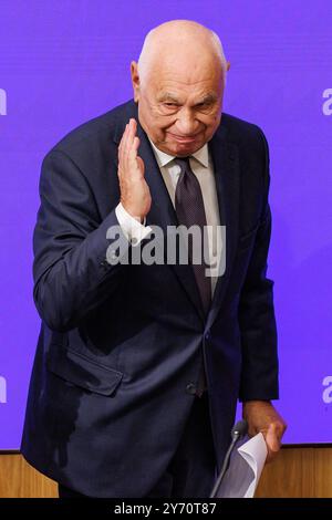 Roma, Italia. 27th Sep, 2024. Il ministro della Giustizia Carlo Nordio a Palazzo Chigi durante la conferenza stampa al termine del Consiglio dei ministri, Roma, Gioved&#xec;, 27 Settembre 2024 (Foto Roberto Monaldo/LaPresse) Minister of Justice Carlo Nordio at Palazzo Chigi during the press conference at the end of the Council of ministers, Rome, Friday, September 27, 2024 (Photo by Roberto Monaldo/LaPresse) Credit: LaPresse/Alamy Live News Stock Photo