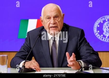 Roma, Italia. 27th Sep, 2024. Il ministro della Giustizia Carlo Nordio a Palazzo Chigi durante la conferenza stampa al termine del Consiglio dei ministri, Roma, Gioved&#xec;, 27 Settembre 2024 (Foto Roberto Monaldo/LaPresse) Minister of Justice Carlo Nordio at Palazzo Chigi during the press conference at the end of the Council of ministers, Rome, Friday, September 27, 2024 (Photo by Roberto Monaldo/LaPresse) Credit: LaPresse/Alamy Live News Stock Photo