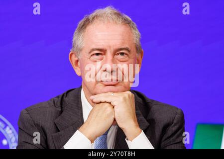 Roma, Italia. 27th Sep, 2024. Il ministro delle Imprese Adolfo Urso a Palazzo Chigi durante la conferenza stampa al termine del Consiglio dei ministri, Roma, Gioved&#xec;, 27 Settembre 2024 (Foto Roberto Monaldo/LaPresse) Minister of Enterprises Adolfo Urso at Palazzo Chigi during the press conference at the end of the Council of ministers, Rome, Friday, September 27, 2024 (Photo by Roberto Monaldo/LaPresse) Credit: LaPresse/Alamy Live News Stock Photo