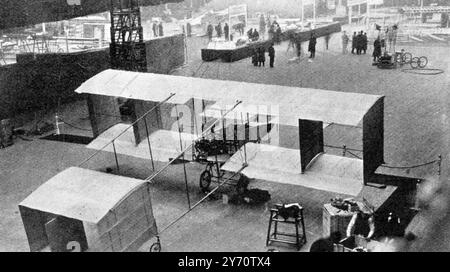 A British flying machine that will fly : The Moore Brabazon bi-plane . The Moore-Brabazon bi-plane is somewhat akin to the Voisin bi-plane , which is said to be second only to the Wright aeroplane . Stability is given to it automatically by a box kite tail . Seen here at Olympia , London .  27 March 1909 Stock Photo