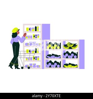 Grocery shopping with woman selecting items from store shelves, flat vector illustration symbolizing food shopping, healthy eating, and retail Stock Vector