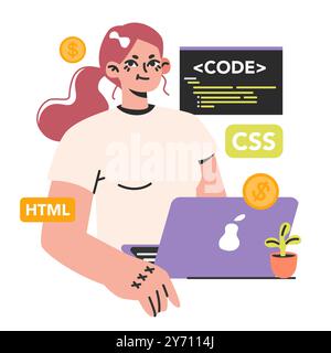 Software developer. Female programmer coding a website. Digital specialist creating a web page with code programming language. Woman at the desk with a laptop. Flat vector illustration Stock Vector