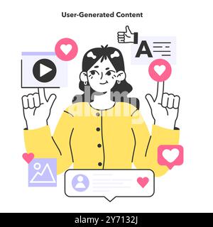 UGC or user generated content. Content marketing. Social media communication and promotion. Character creating content in social media or website. Flat vector illustration Stock Vector