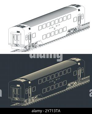 Stylized vector illustrations of isometric blueprints of a double deck train car Stock Vector