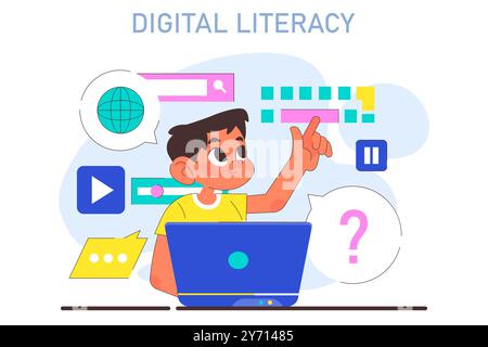 Digital literacy course for kids. Modern education methodics. Online educational program about digital technologies and computer skill. Flat vector illustration Stock Vector