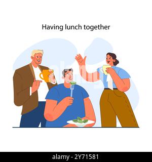 Office interaction. Team communication scene, colleagues having meal together. Casual talk of employees during lunch break. Jobflow and corporate relations in modern company. Flat vector illustration Stock Vector