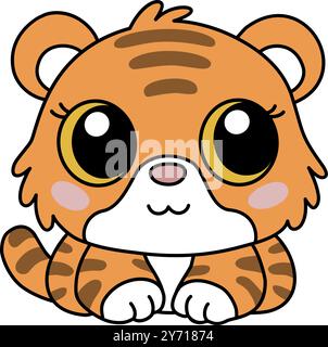 Zodiac Chinese tiger animal of New Year sign icon. Asian kawaii cute style isolated illustration of mascot feline. Adorable orange predator with big e Stock Vector