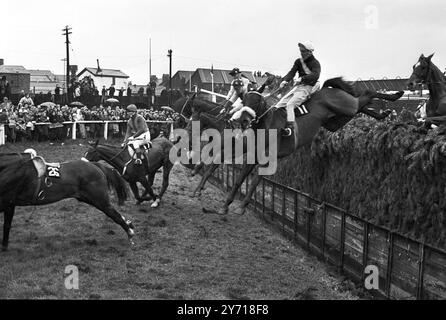 Grand national 1967 A flight of horses is seen  going over Beecher's Brook the first time round during the 1967 Grand National steeplechase  at Aintree .  Foinavon , a 100-1 outsider ridden by  John Buckingham , came from the back of the field to  win the event by 15 lengths after a disastrous pileup  at the 23rd fence brought down all the leaders.  second was Honey End with jockey Josh Gifford ; third was Red Alligator with jockey Brian  Fletcher  and fourth was Greek Scholar with jockey Terry Biddlecombe .  8 April 1967 Stock Photo