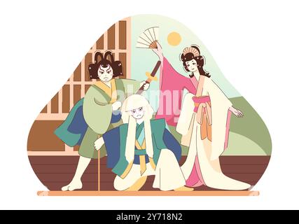 Kabuki, classical form of Japanese theatre. Actors on a scene wearing a kimono and make up. Japanese traditional kabuki warriors and geisha. Flat vector illustration Stock Vector