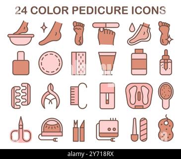Pedicure and spa treatment color icons set. Professional equipment and tools for toe nail and feet care. Scissors, file, polish, foot bath, cream, brush etc. Flat vector illustration Stock Vector