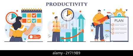 Productivity concept set. Character worktime optimization. Employee job performance, multitasking and efficiency. Career progress and development. Flat vector illustration Stock Vector
