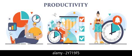 Productivity concept set. Character worktime optimization. Employee job performance, multitasking and efficiency. Career progress and development. Flat vector illustration Stock Vector