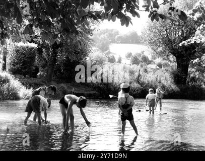 Children paddling in the Medway in Shoreham, Kent. 11 September 1952 Stock Photo