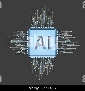 Circuit electronic chip processor, Artificial intelligence Ai logo icon in blue gradient, Digital IT technology future, Vector illustration Stock Vector