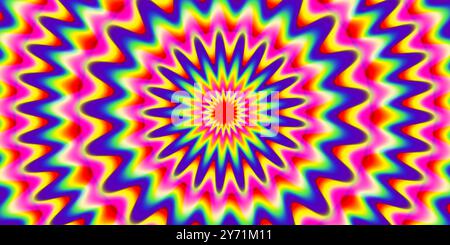 Red, purple and yellow kaleidoscope wavy pattern. Hologram trippy hypnotic psychedelic bg. Abstract concentric background. Vector illusory abstraction Stock Vector