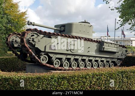 A 1944, Churchill Crocodile Mk VII, flame-throwing tank, on display in the grounds of the Memorial Museum of the Battle of Normandy, Bayeux, France Stock Photo