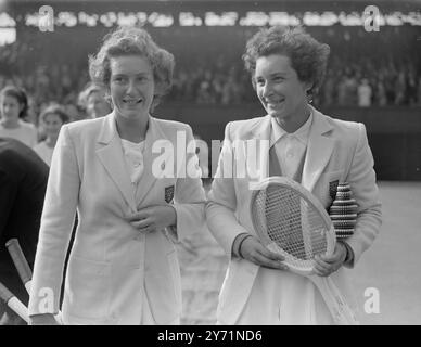 THE WIGHTMAN CUP AT WIMBLEDON .    Play in the Wightman Cup match between the women of Great Britain and of the U S A , began at Wimbledon .     PICTURE SHOWS :-  ' Win for Britain '   Mrs JEAN BOSTOCK (left) and Mrs MOLLY BLAIR , have good reason for smiling . They beat Miss TODD and Miss HART ( USA ) - the first time Britain has won a doubles match in the Whitman Cup since the War .     June 11 1948 Stock Photo