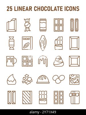 Cocoa and chocolate icons set. Tasty cocao beans product. Sweet and bitter snack simple line images. Delicious dessert. Flat vector illustration Stock Vector