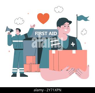 20 June, world refugee day. Refugees first aid. Local volunteers help migrants with humanitarian support. Social crisis idea. Flat vector illustration Stock Vector