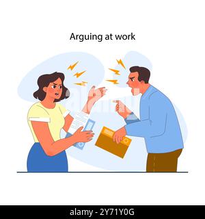 Conflict between coworkers. Tensed argument of two employees. Confrontation of business colleagues. Aggressive quarrel between man and woman. Flat vector illustration Stock Vector