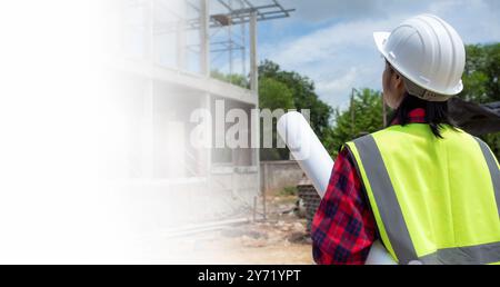 Engineers holding blueprint project working outdoors building side with blueprints on a worksite, Engineering and architecture concept, Engineer worki Stock Photo