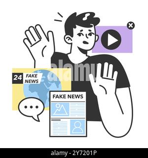 Manipulation and control over people by fake news. Medis influencing and manipulating character. Propaganda and internet fakes. Flat vector illustration Stock Vector