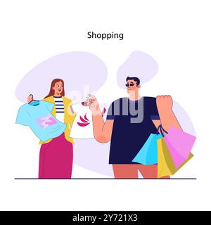 Celebrity routine. Movie or music star, famous person shopping with a personal assistant. Well-known male artist choosing clothes. Flat vector illustration Stock Vector