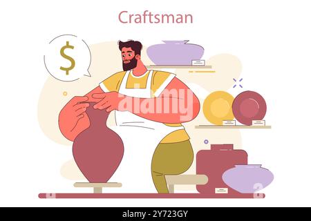 Small pottery business. Starting and developing a local start-up. Potter master creating ceramics and clay pots. Independent craftsman in apron selling hand-made dishes. Flat Vector Illustration Stock Vector