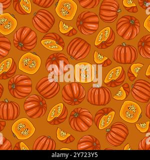 Seamless pattern with Big Max pumpkin. Winter squash. Cucurbita maxima. Vegetables. Isolated vector illustration. Stock Vector